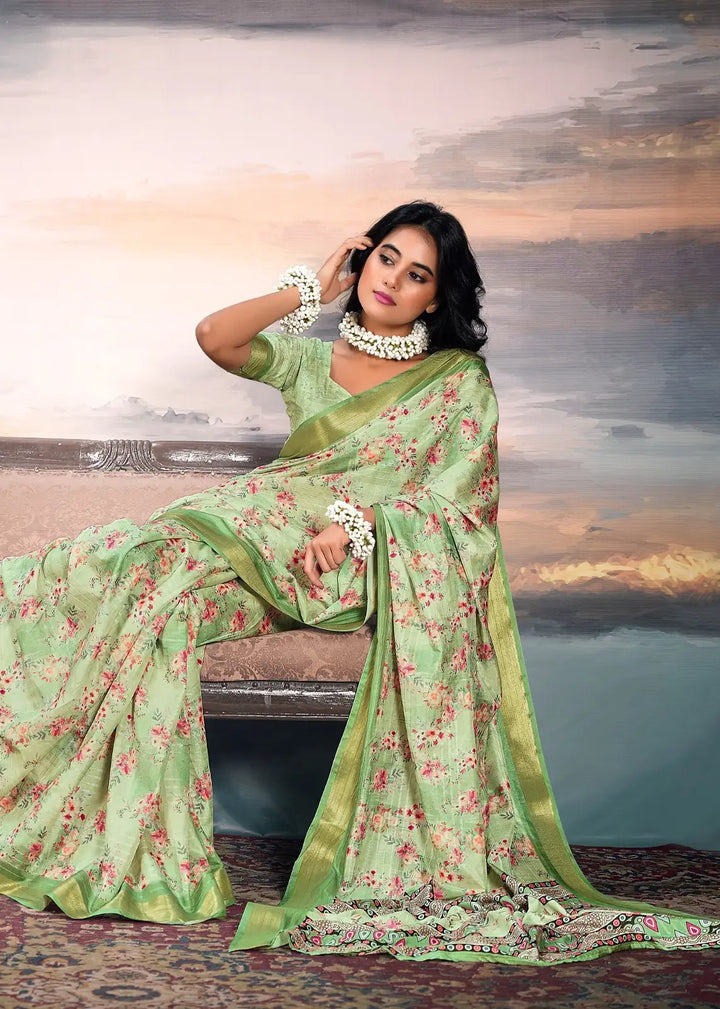 Vibrant Green Cotton Silk Saree with Zari Detailing and Digital Print