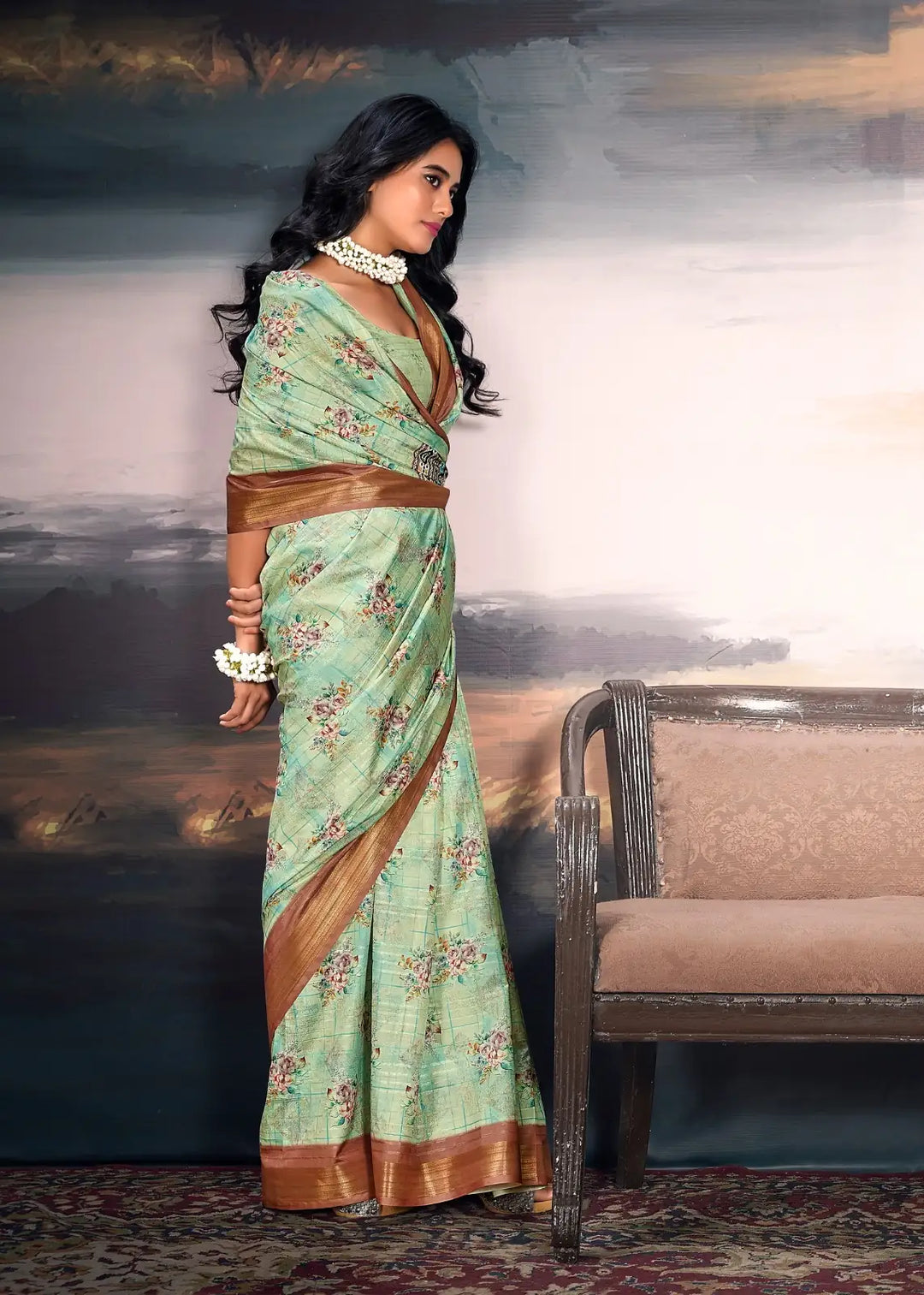 Trendy Sea Green Cotton Silk Saree with Zari and Digital Print