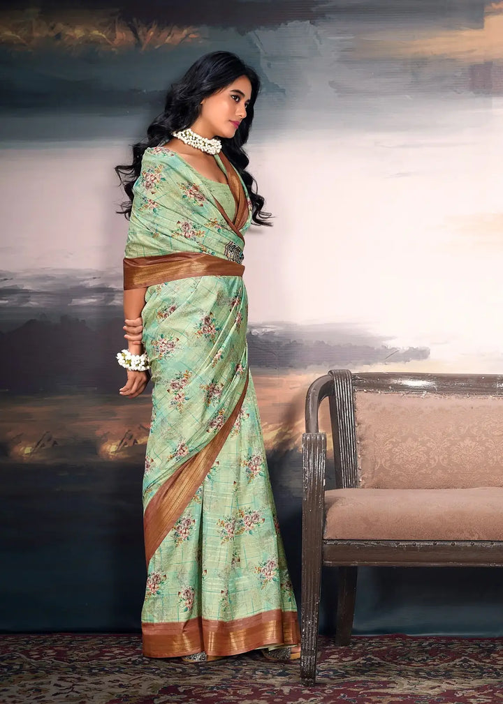 Trendy Sea Green Cotton Silk Saree with Zari and Digital Print
