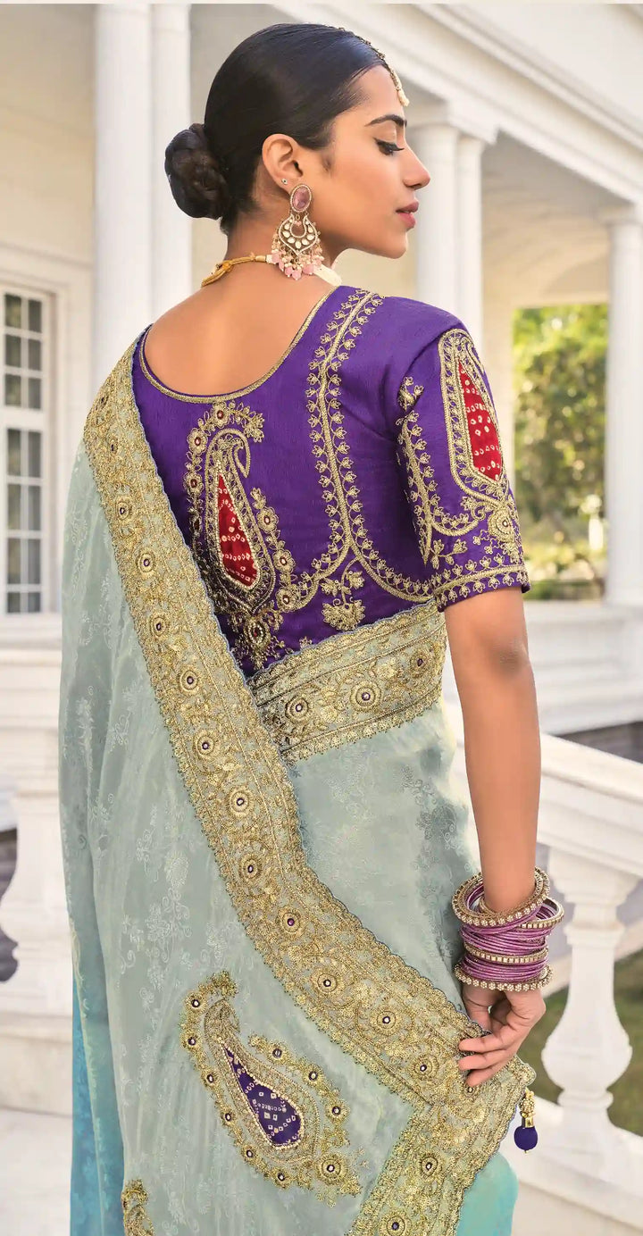 Designer Light Grey & Blue Crape Jacquard Saree with Mirror & Jarkan Work