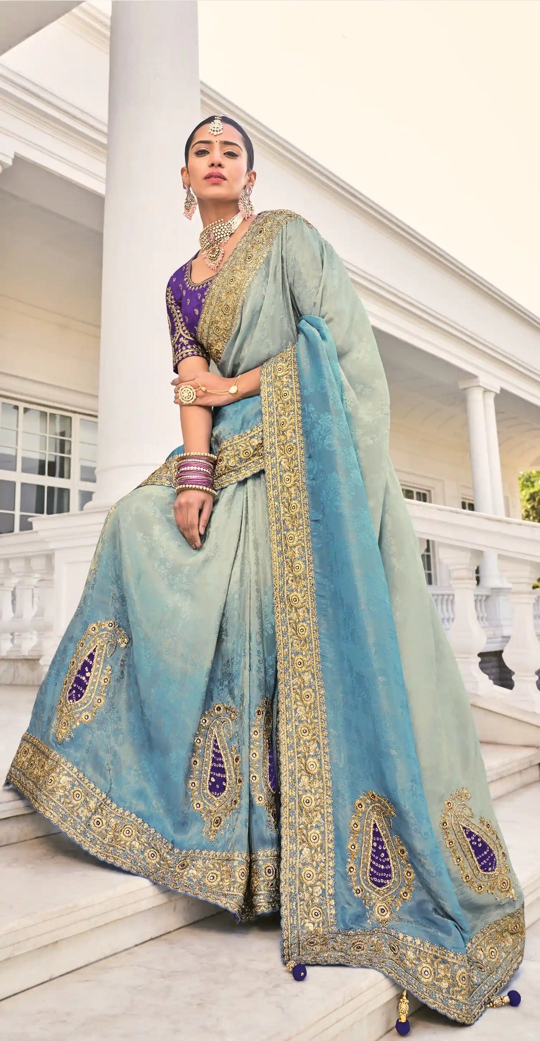 Designer Light Grey & Blue Crape Jacquard Saree with Mirror & Jarkan Work