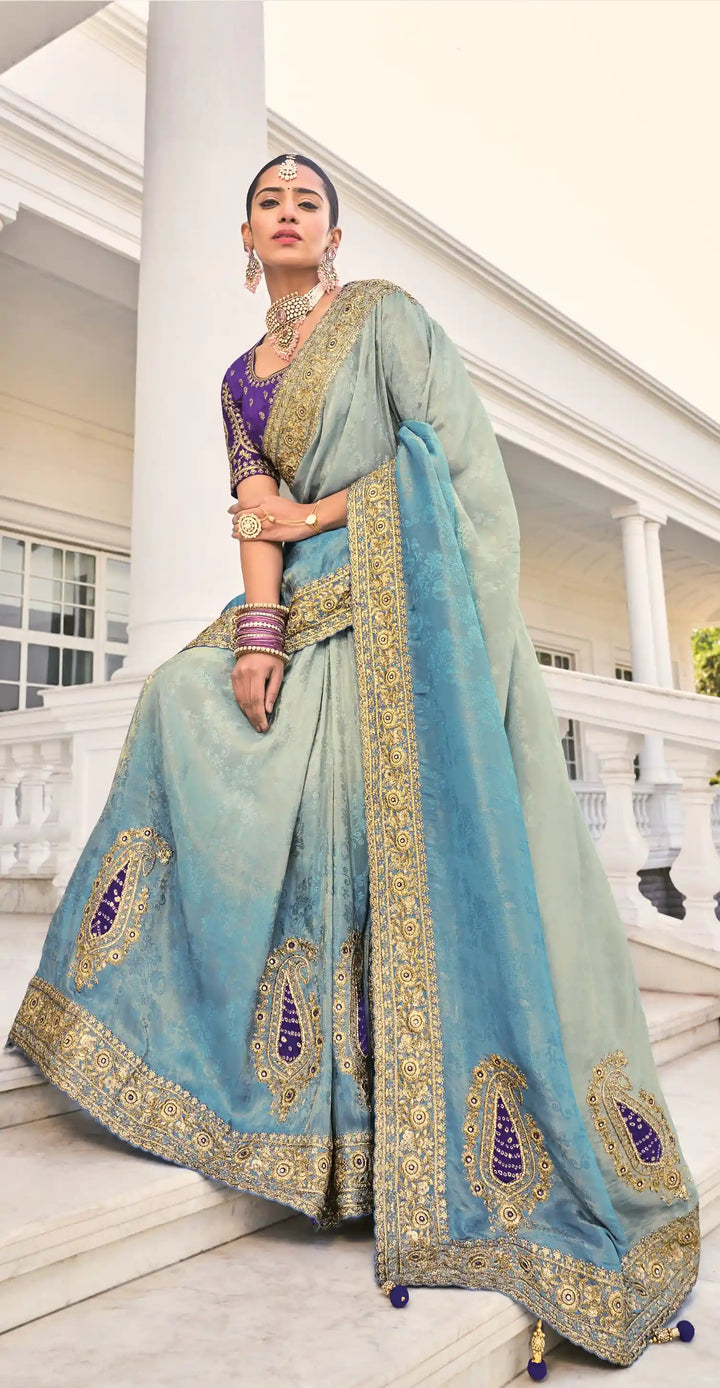 Designer Light Grey & Blue Crape Jacquard Saree with Mirror & Jarkan Work