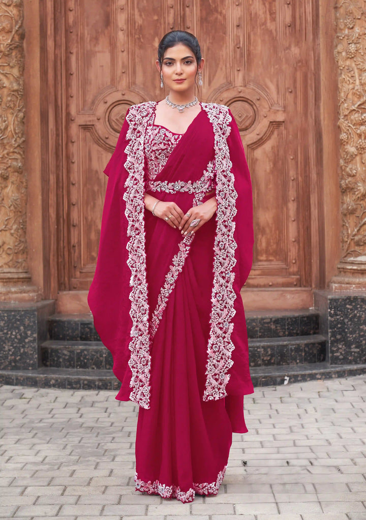 Designer Bright Pink Ready to Wear Saree for Festive Events