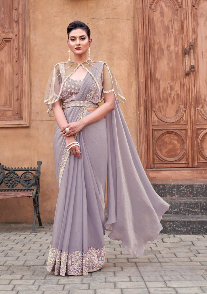 Light Lavender Satin Silk Ready to Wea Saree with Pearl & Sequin Work