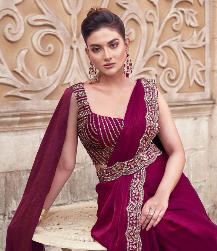 Dark Pink Satin Silk Saree with Pearl & Stone Work for Festive Wear