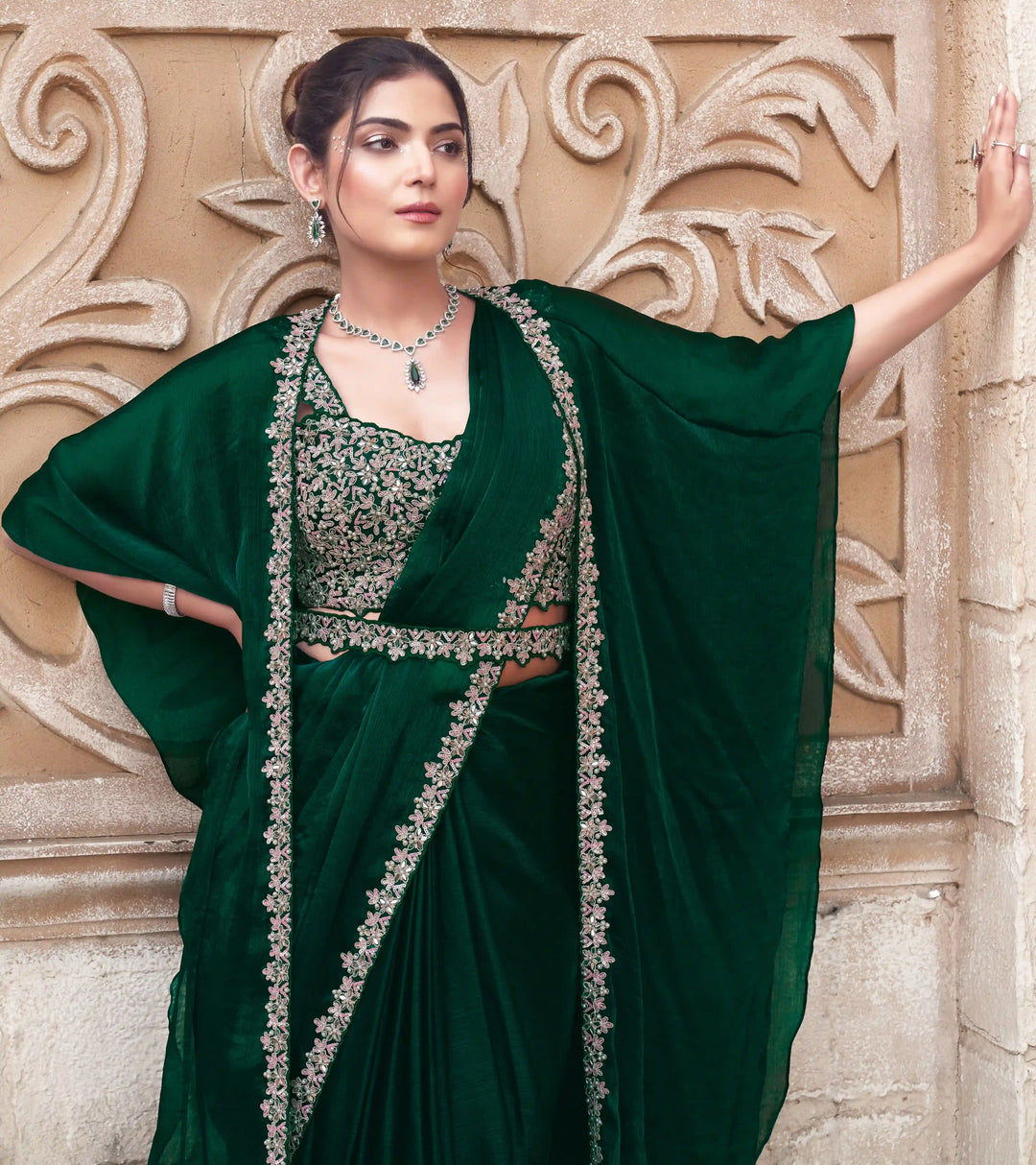 Designer Dark Green Ready To Wear Saree with Stones & Pearls