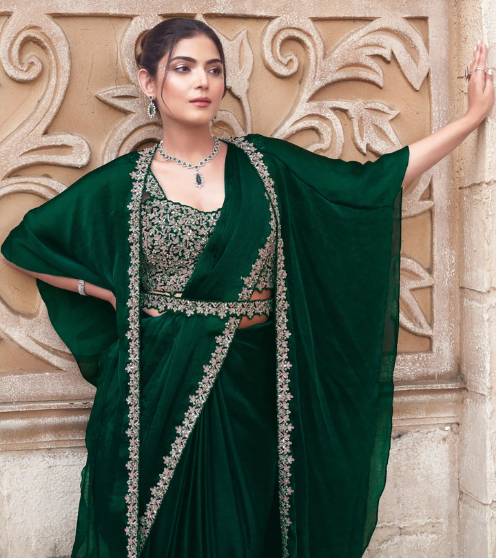 Designer Dark Green Ready To Wear Saree with Stones & Pearls