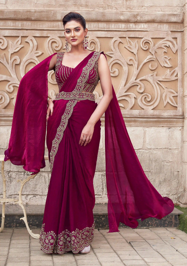 Dark Pink Satin Silk Saree with Pearl & Stone Work for Festive Wear