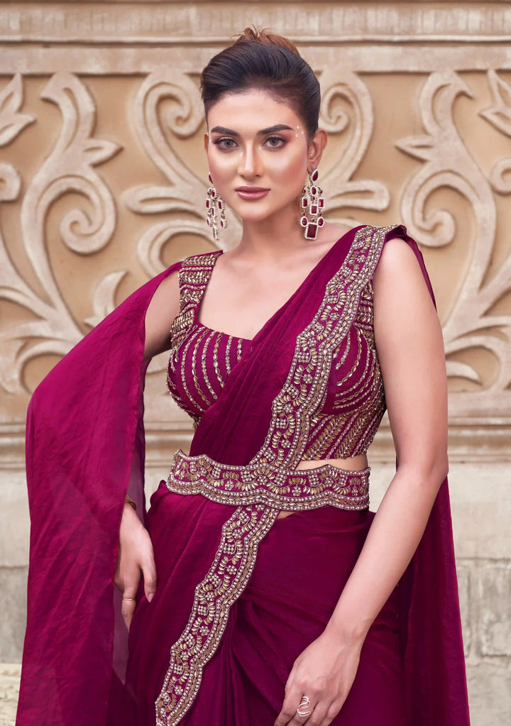 Dark Pink Satin Silk Saree with Pearl & Stone Work for Festive Wear