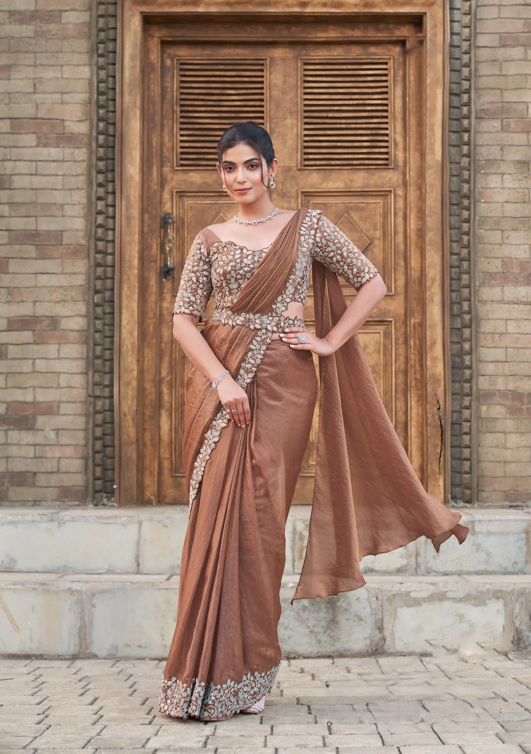 Designer Light Brown Satin Silk Saree with Hand Embroidery