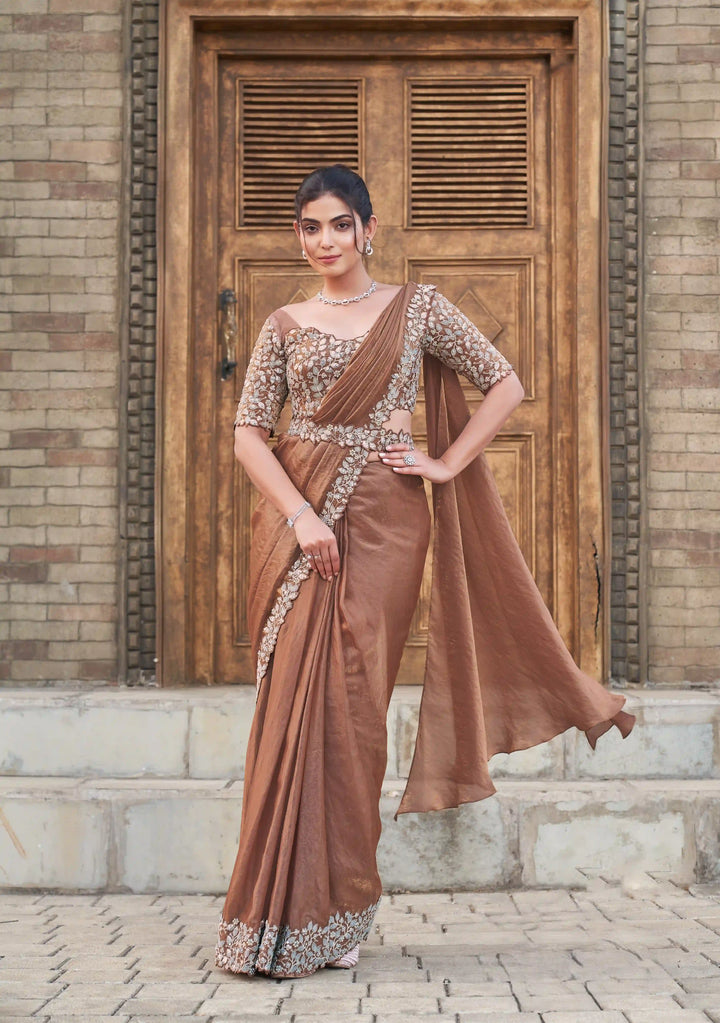 Designer Light Brown Satin Silk Saree with Hand Embroidery