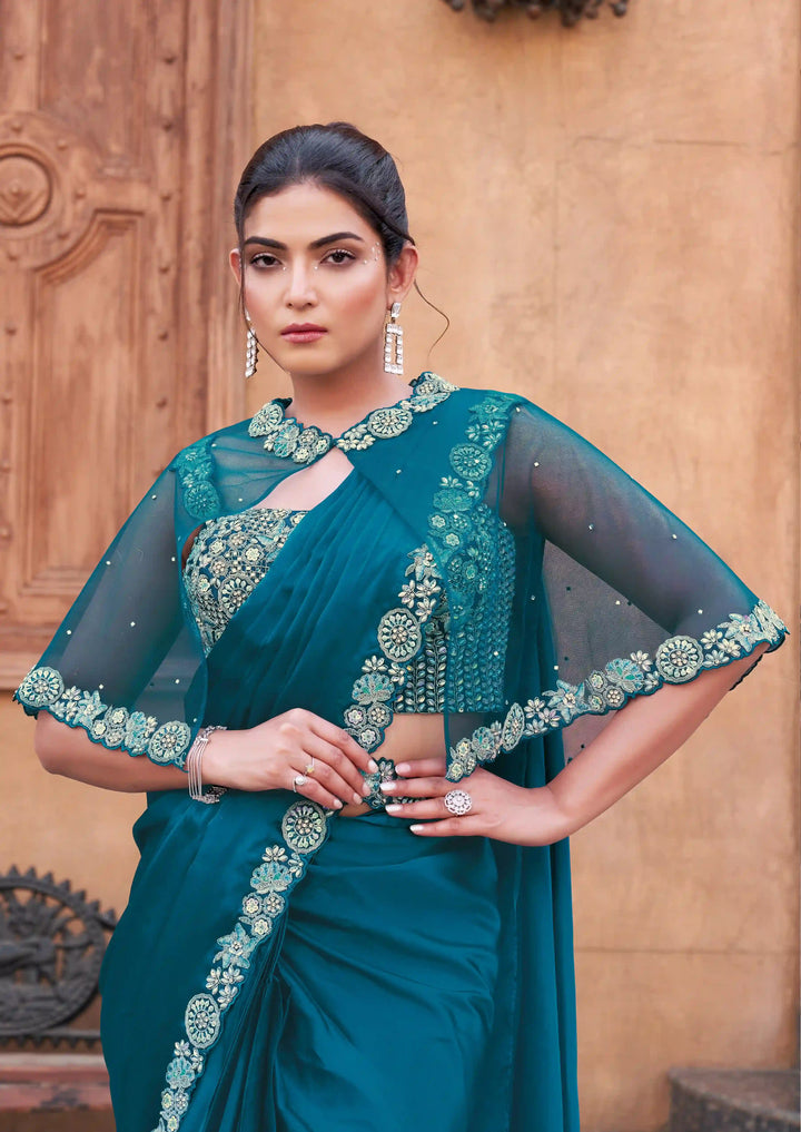 Blue Satin Silk Ready to Wear Saree with Hand Embroidered for festivals