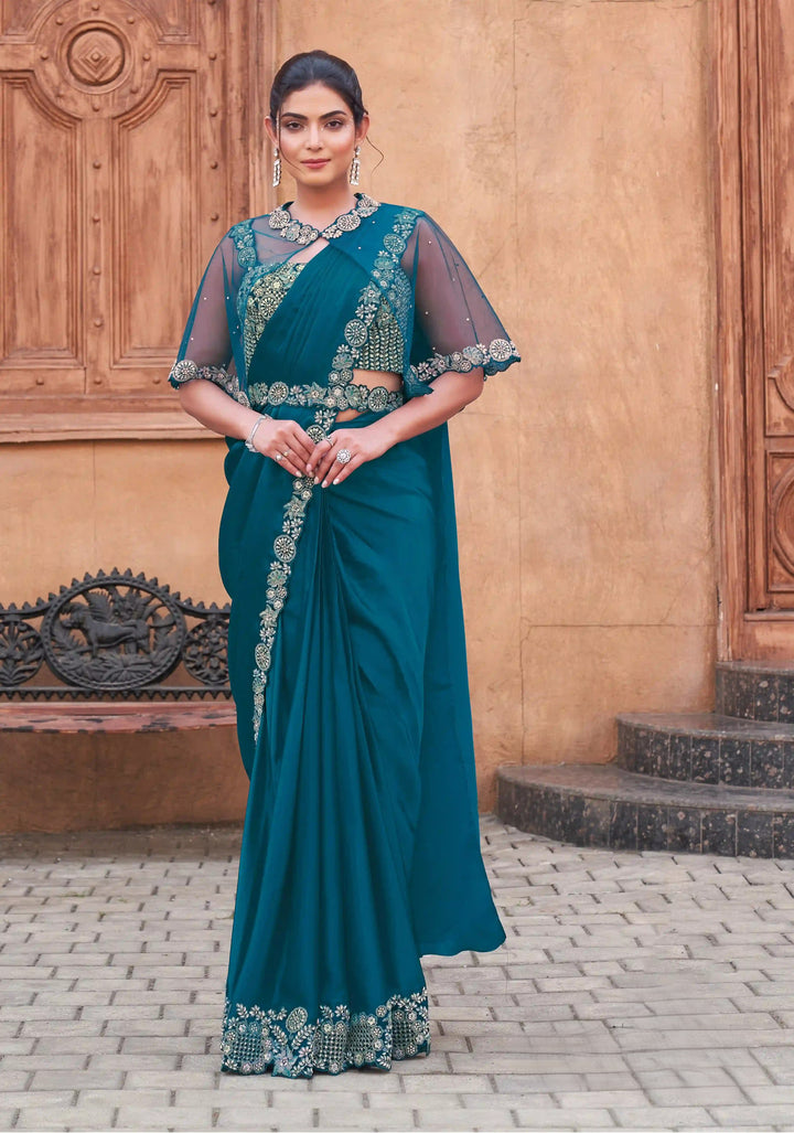 Blue Satin Silk Ready to Wear Saree with Hand Embroidered for festivals