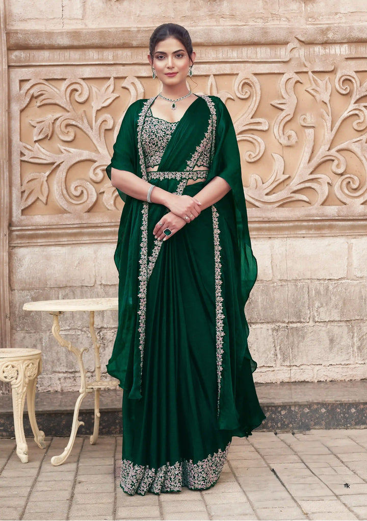 Designer Dark Green Ready To Wear Saree with Stones & Pearls