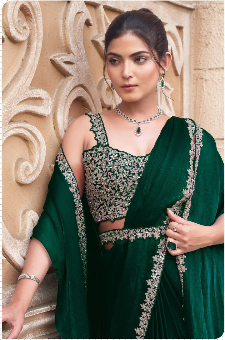 Designer Dark Green Ready To Wear Saree with Stones & Pearls