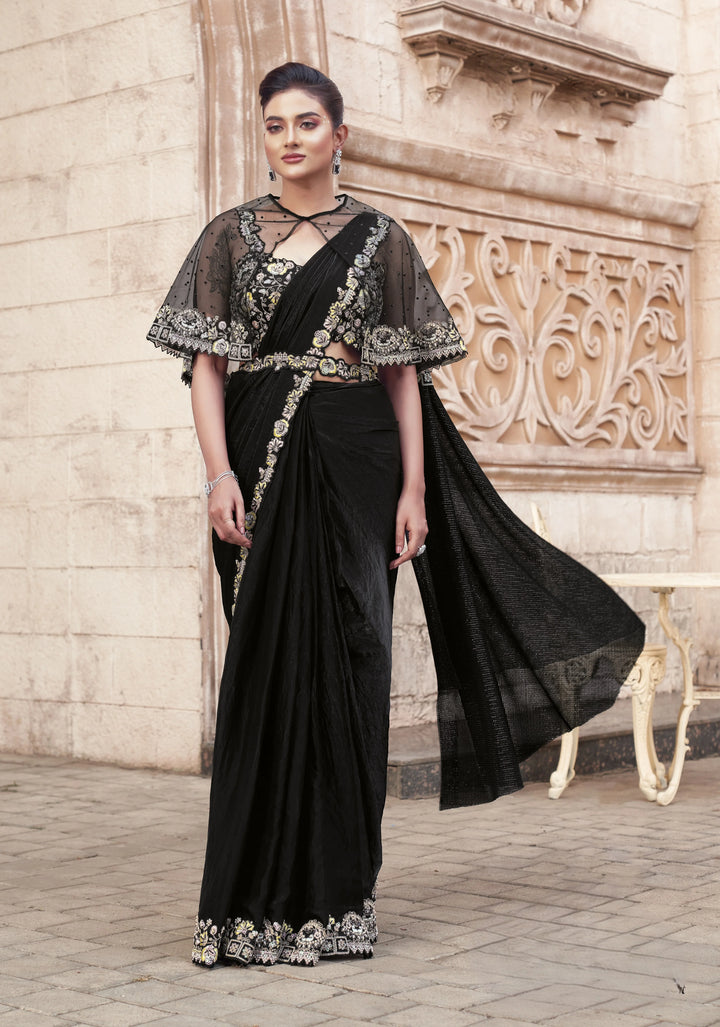 Black Satin Silk Saree with Pearl & Sequin Embroidery for Party Wear