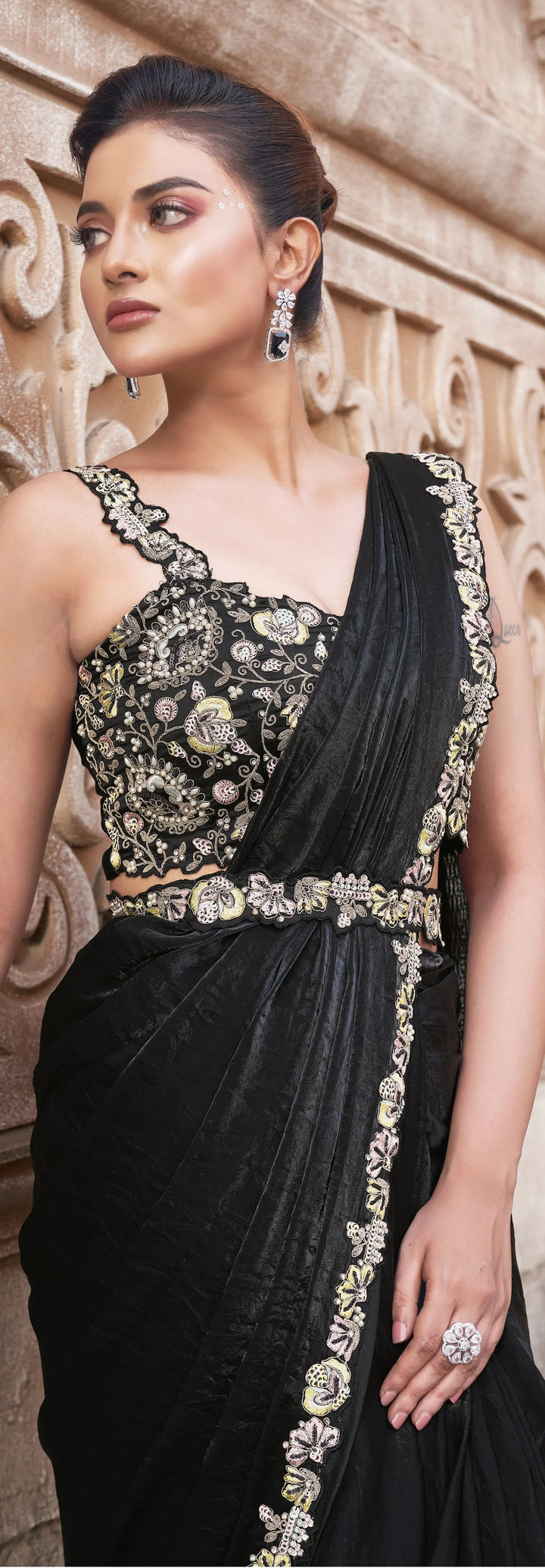 Black Satin Silk Saree with Pearl & Sequin Embroidery for Party Wear
