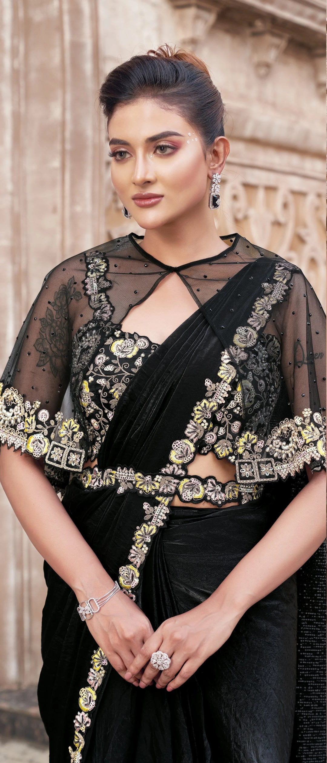 Black Satin Silk Saree with Pearl & Sequin Embroidery for Party Wear