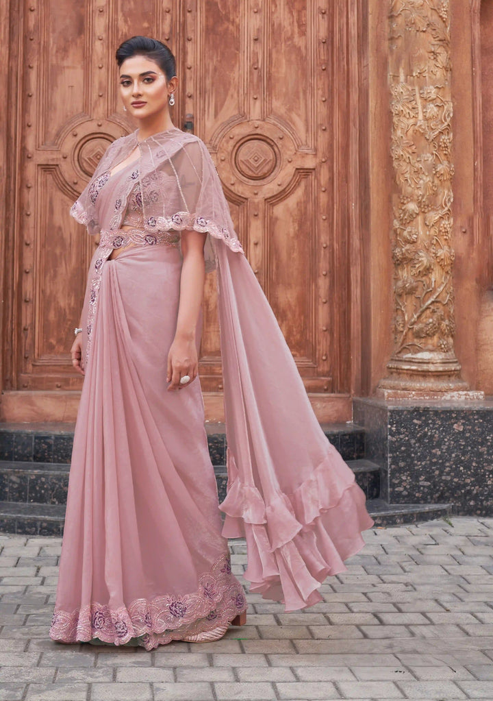 Designer Satin Silk Ready to Wear Saree in Dusty Pink for Festive Wear