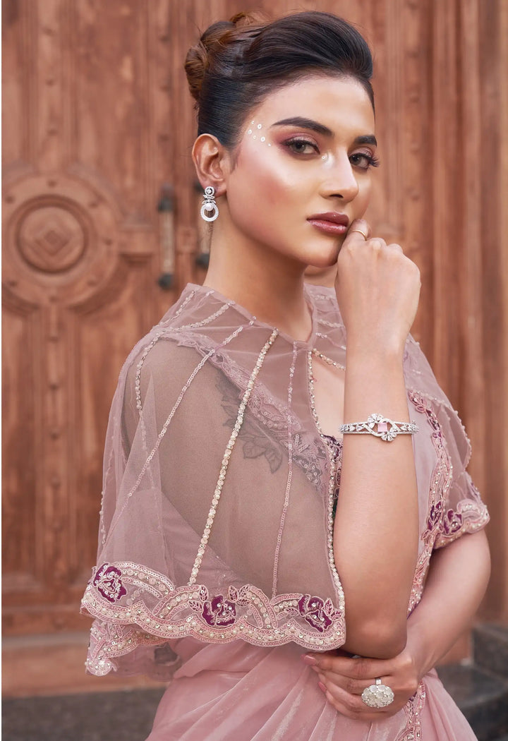 Designer Satin Silk Ready to Wear Saree in Dusty Pink for Festive Wear