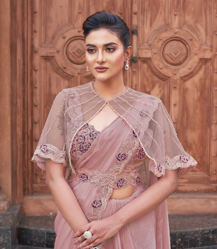 Designer Satin Silk Ready to Wear Saree in Dusty Pink for Festive Wear