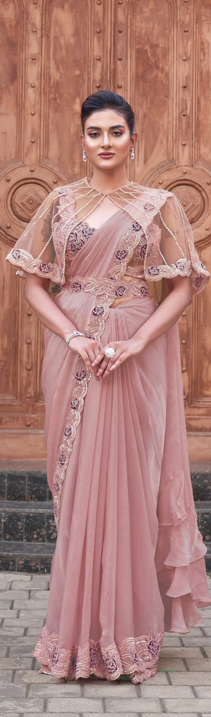 Designer Satin Silk Ready to Wear Saree in Dusty Pink for Festive Wear