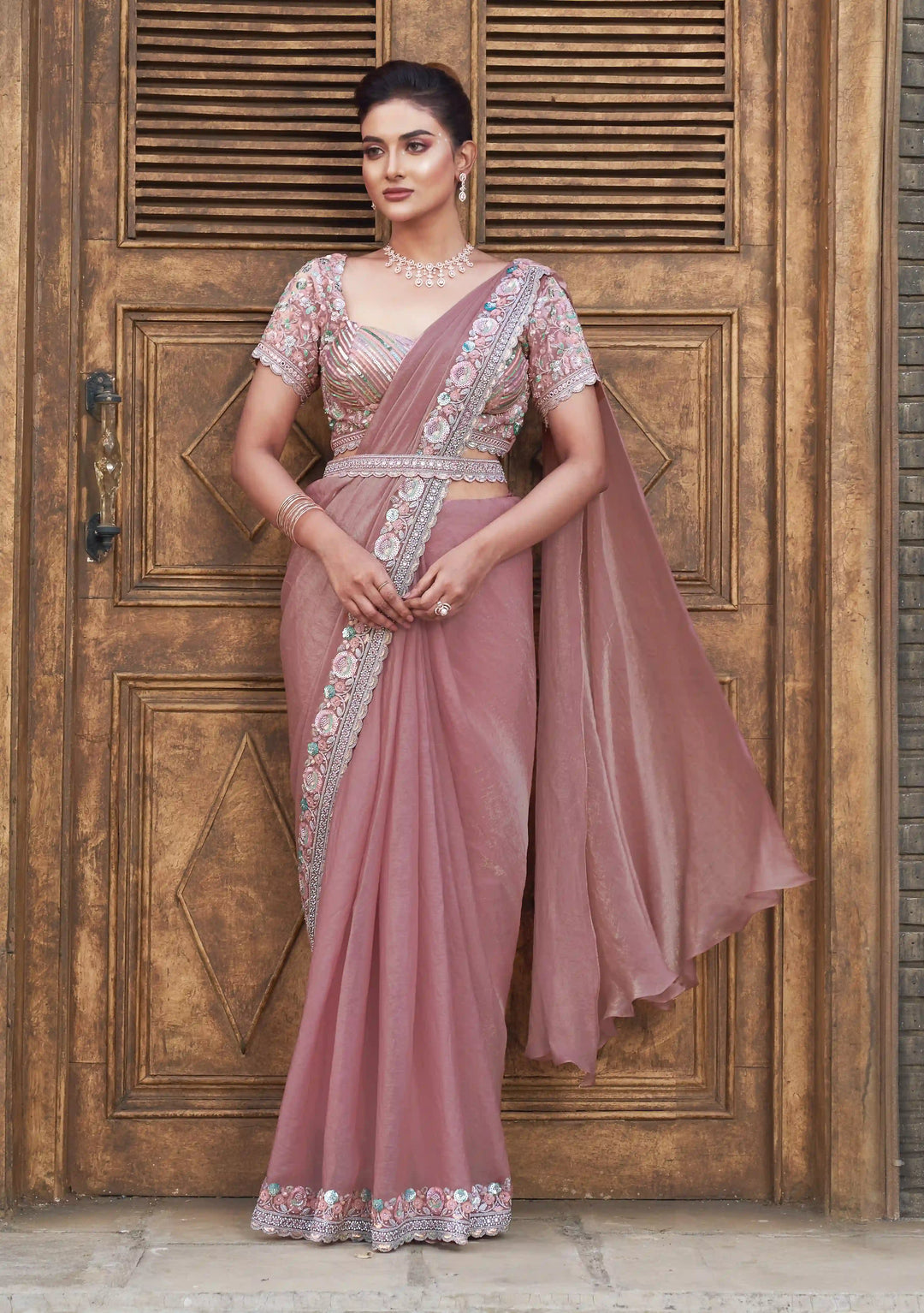 Dusty Pink Satin Saree with Pearl & Sequin Embroidery for Festive Wear