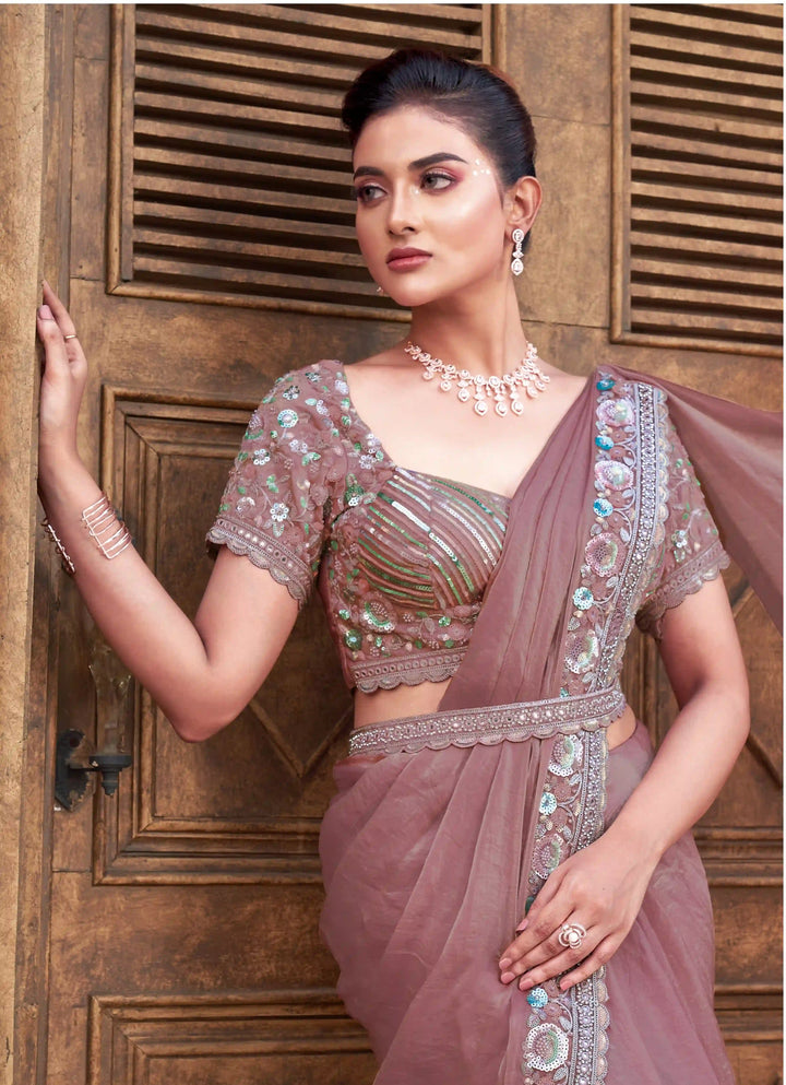 Dusty Pink Satin Saree with Pearl & Sequin Embroidery for Festive Wear