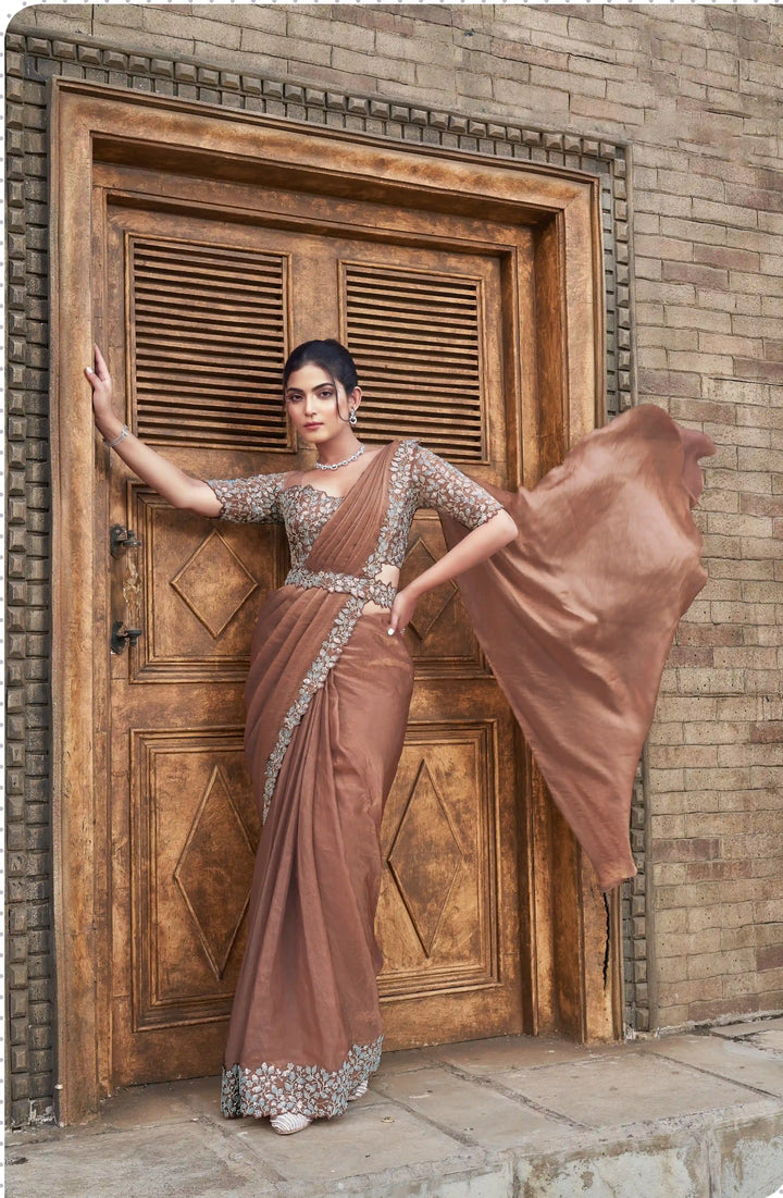 Designer Light Brown Satin Silk Saree with Hand Embroidery