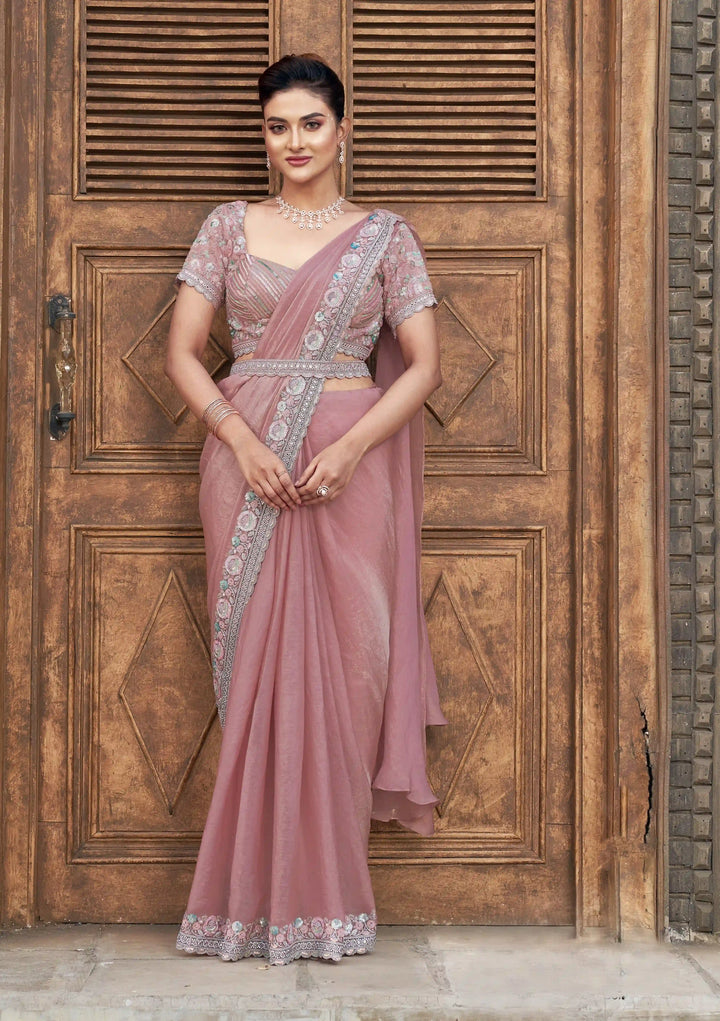 Dusty Pink Satin Saree with Pearl & Sequin Embroidery for Festive Wear