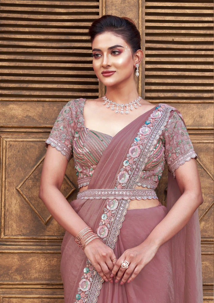 Dusty Pink Satin Saree with Pearl & Sequin Embroidery for Festive Wear