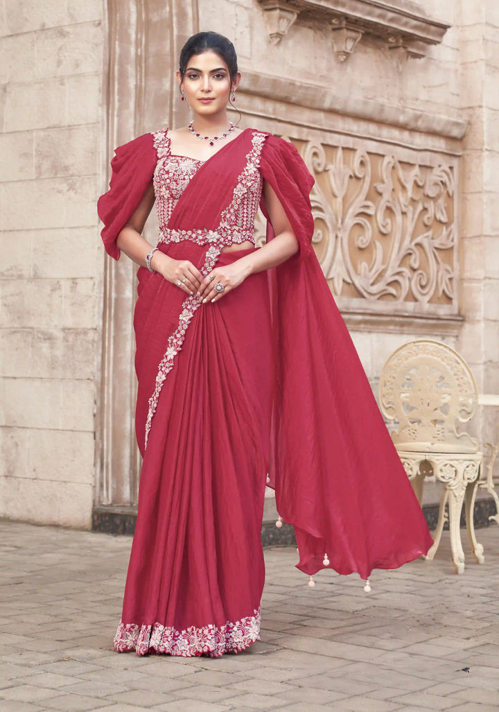 Rani Pink Satin Silk Ready to Wear Saree with Pearls & Sequins