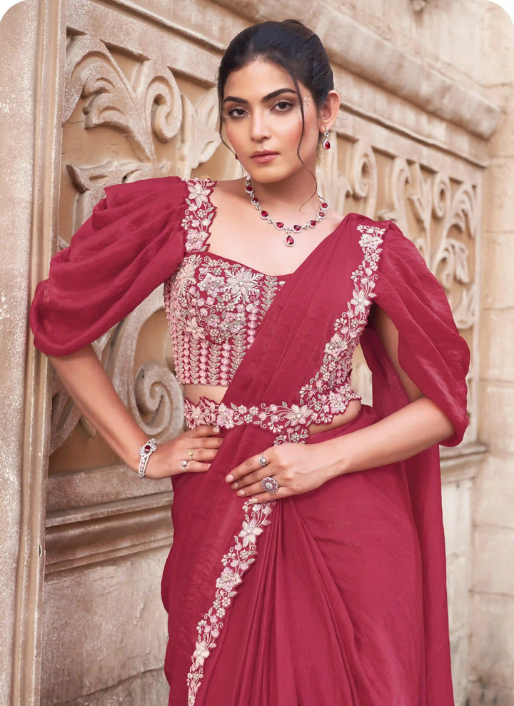 Rani Pink Satin Silk Ready to Wear Saree with Pearls & Sequins