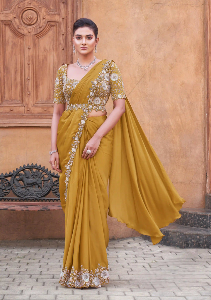 Mustard Yellow Satin Silk Ready to Wear Saree with Hand Embroidery