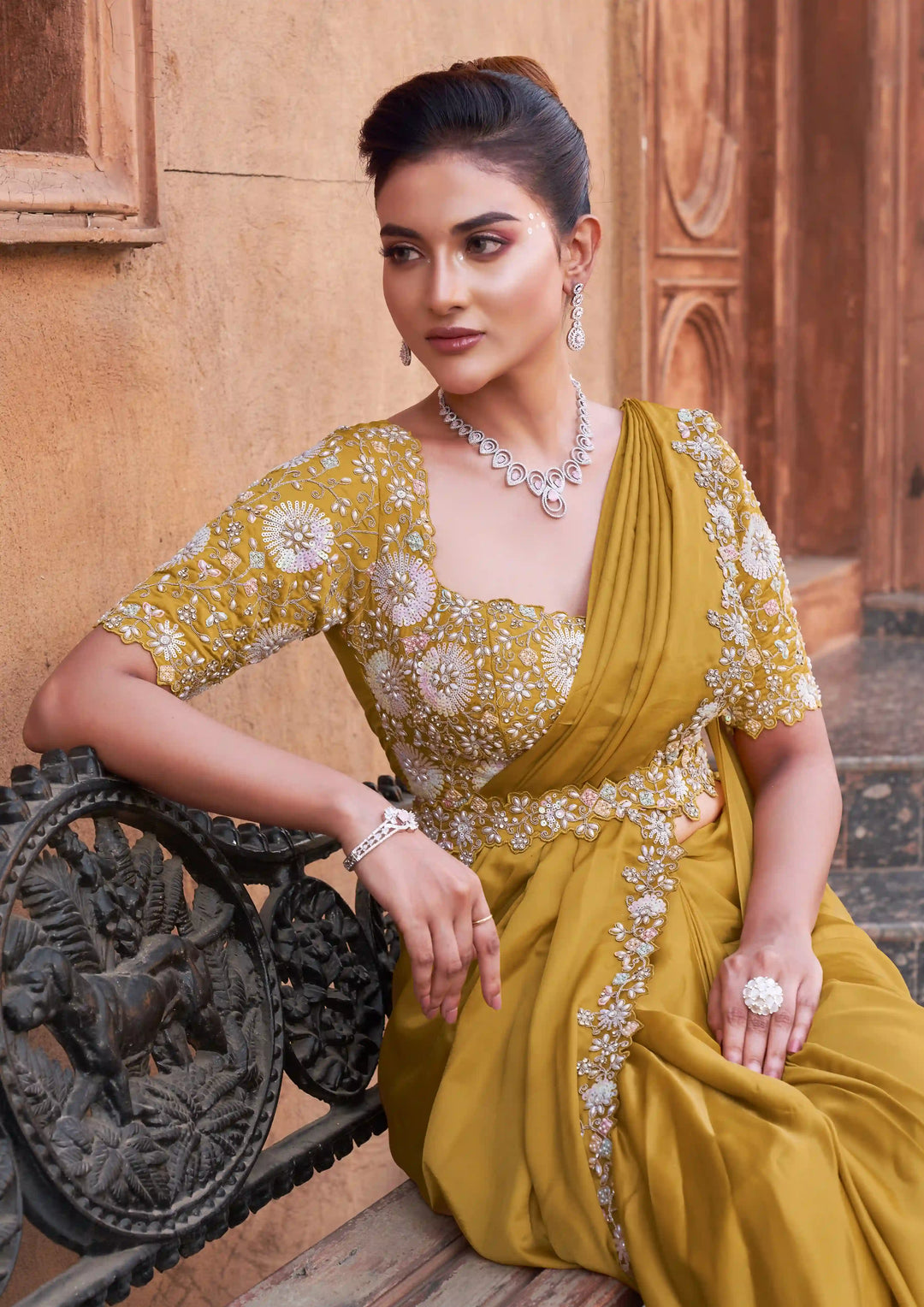 Mustard Yellow Satin Silk Ready to Wear Saree with Hand Embroidery