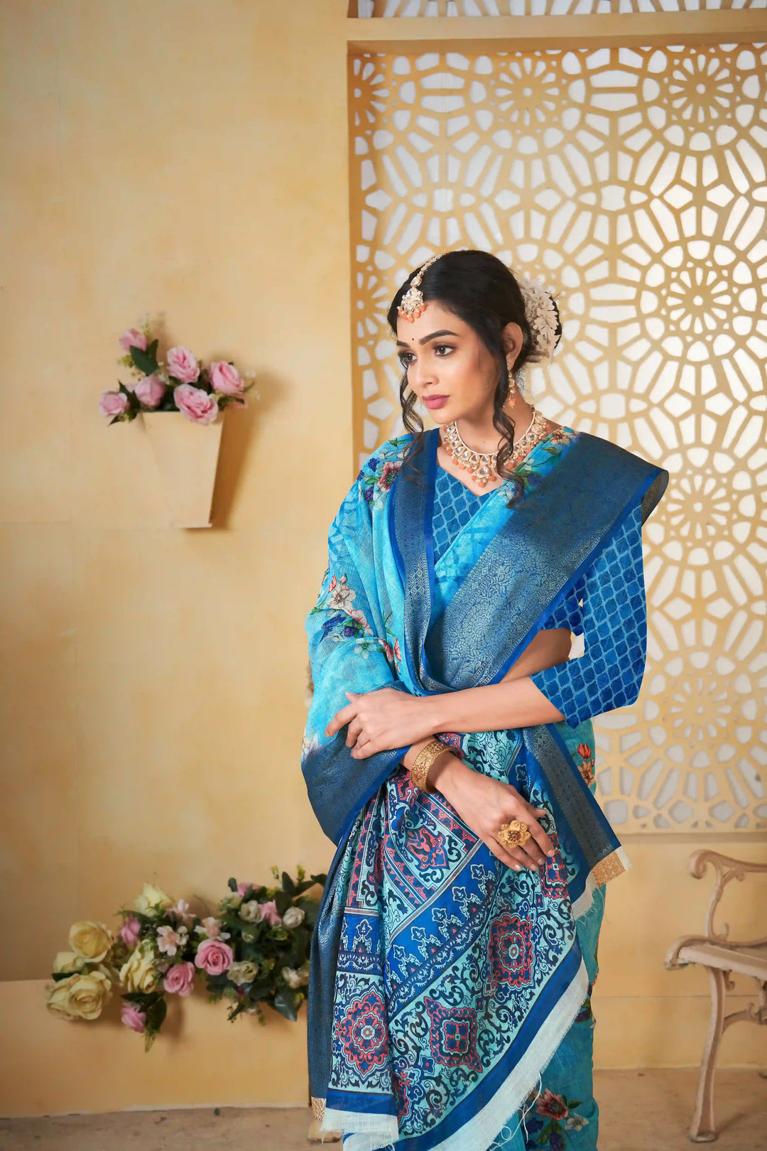 Sky Blue Pure Linen Printed Saree for Festive Wear