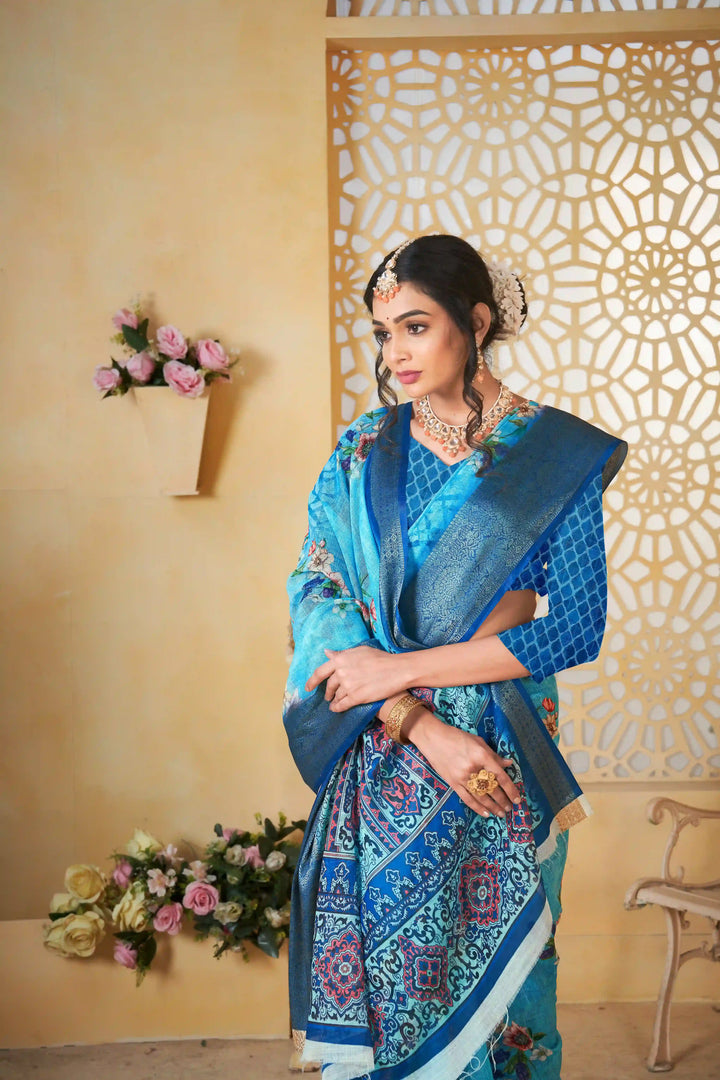Sky Blue Pure Linen Printed Saree for Festive Wear