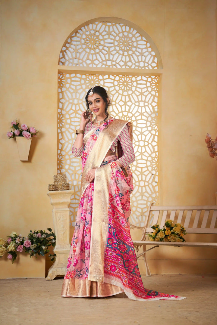 Multi Color Pure Linen Printed Saree for Traditional Occasions