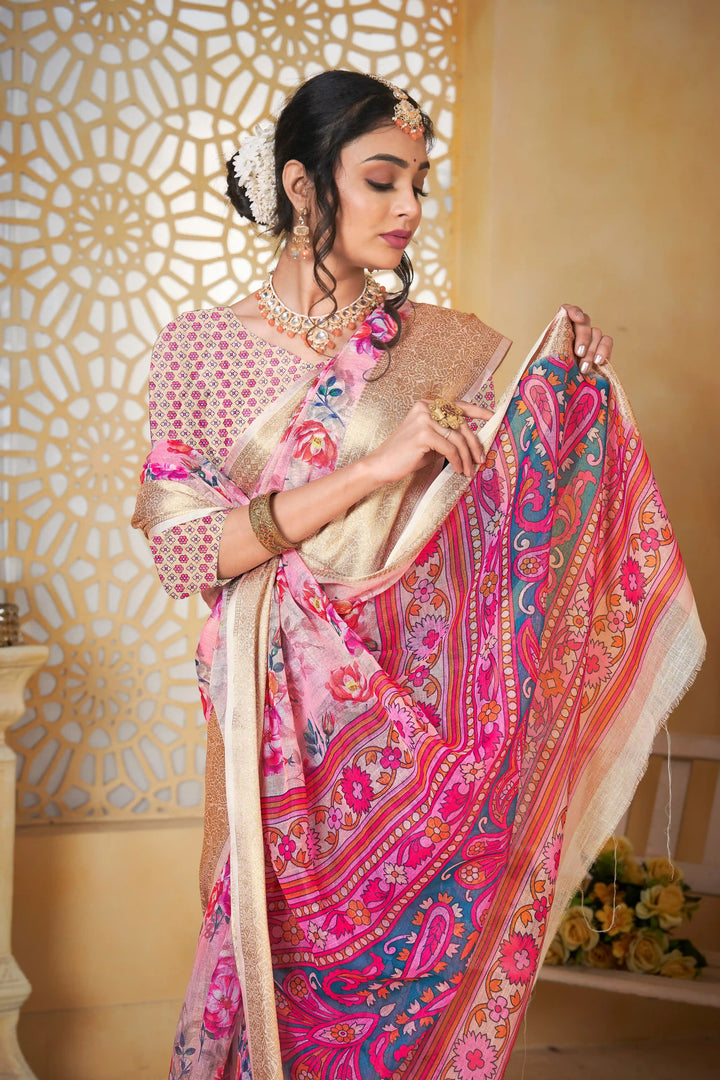 Multi Color Pure Linen Printed Saree for Traditional Occasions