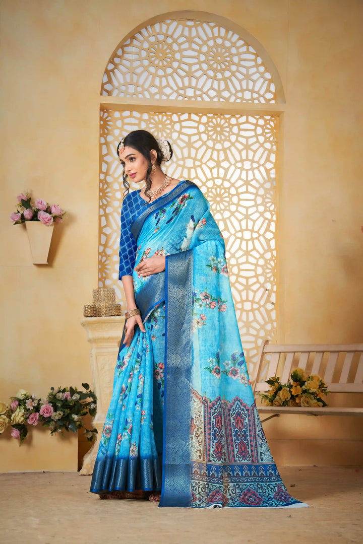 Sky Blue Pure Linen Printed Saree for Festive Wear