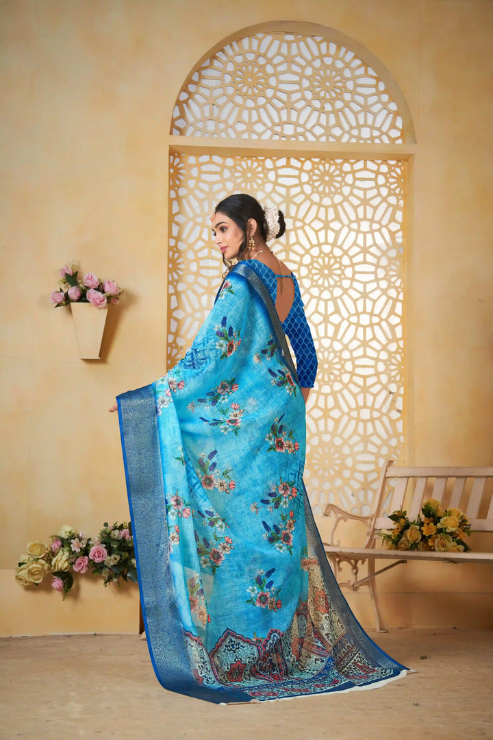 Sky Blue Pure Linen Printed Saree for Festive Wear