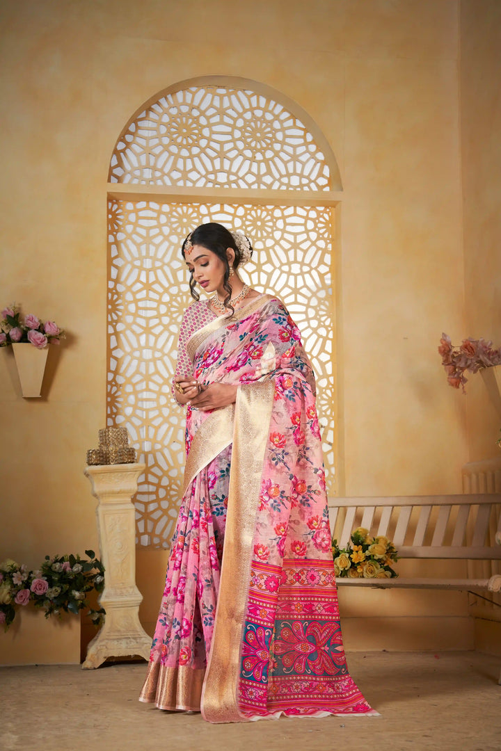 Multi Color Pure Linen Printed Saree for Traditional Occasions