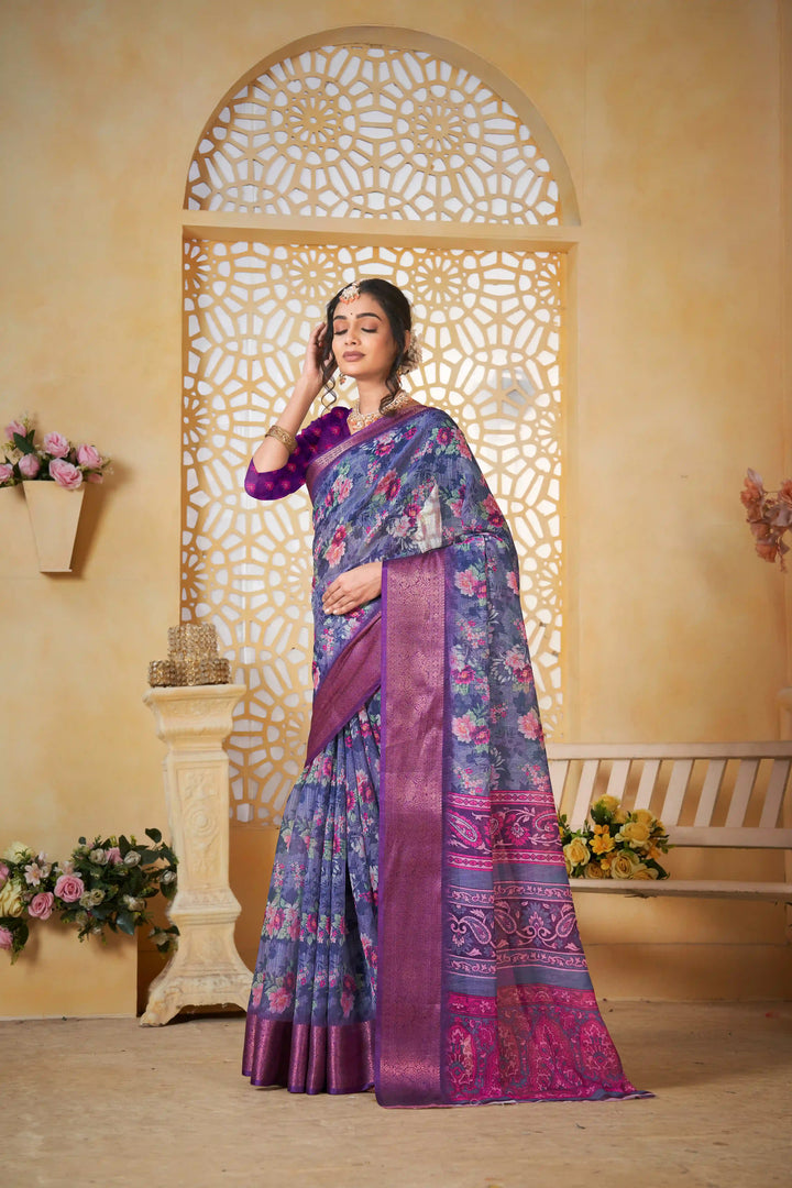 Traditional Blue Linen Saree with Digital Print for Casual Wear