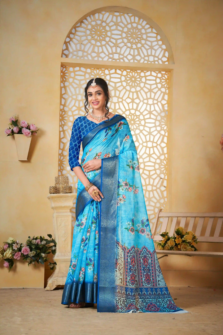 Sky Blue Pure Linen Printed Saree for Festive Wear