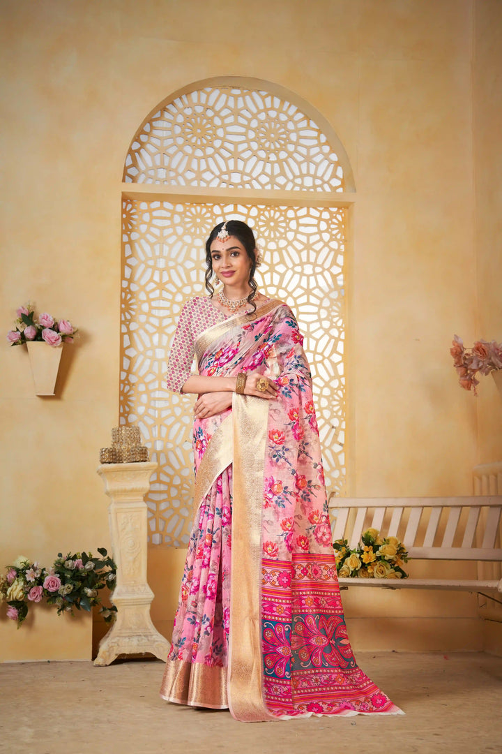 Multi Color Pure Linen Printed Saree for Traditional Occasions