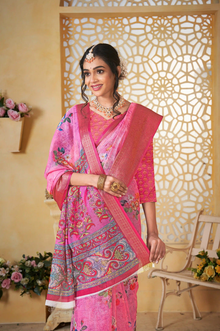 Pink Pure Linen Saree with Jacquard Border for Traditional Wear