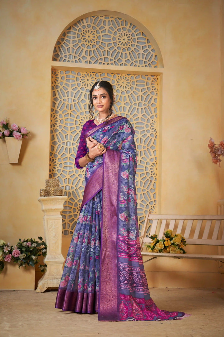 Traditional Blue Linen Saree with Digital Print for Casual Wear