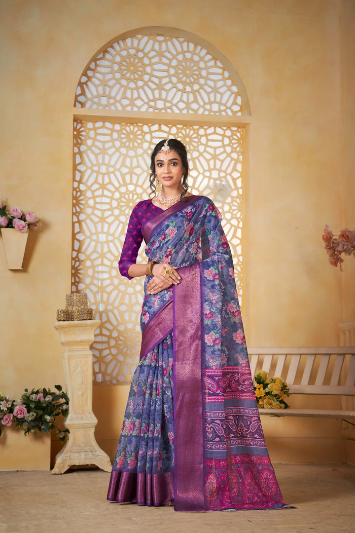 Traditional Blue Linen Saree with Digital Print for Casual Wear