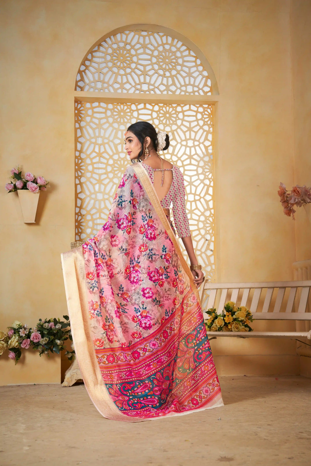 Multi Color Pure Linen Printed Saree for Traditional Occasions