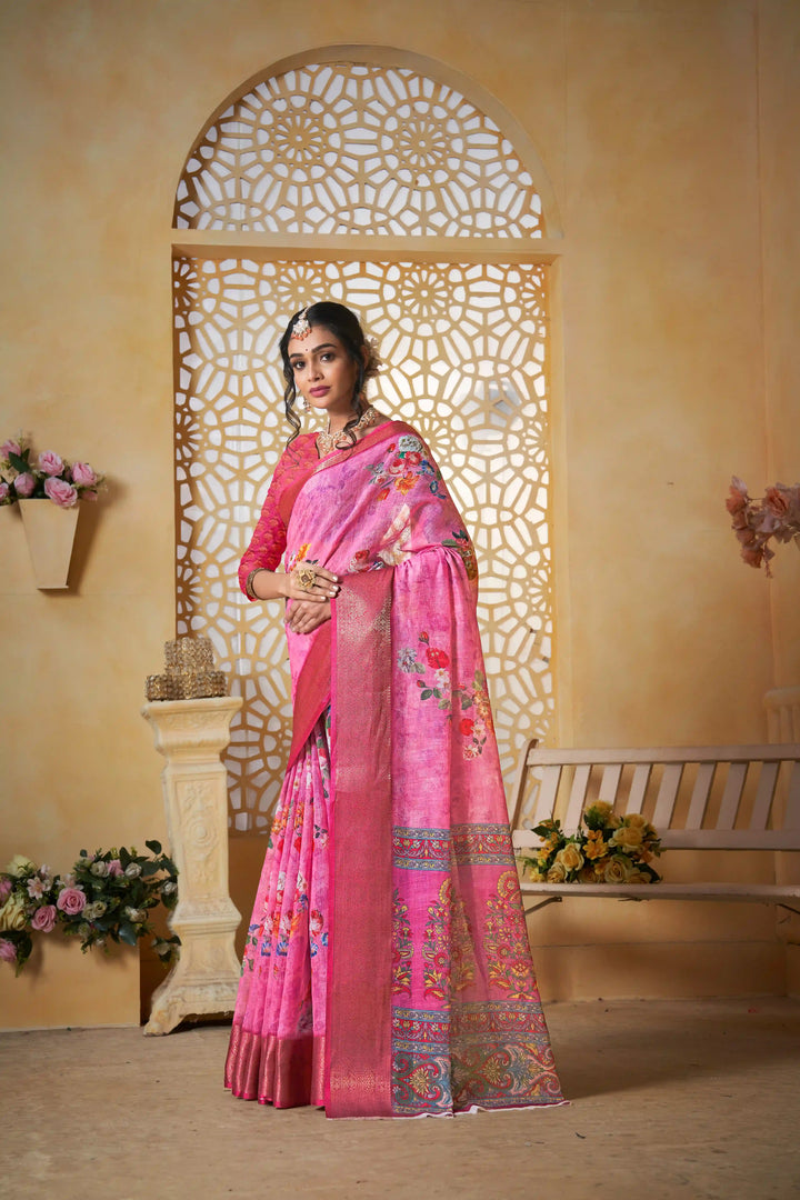 Pink Pure Linen Saree with Jacquard Border for Traditional Wear